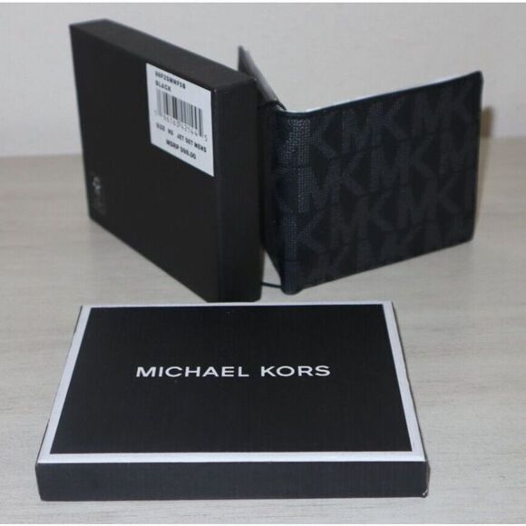 Michael Kors 86F2SMNF5B Mens Jet Set Black Logo Slim Billfold Leather Wallet $98 - Picture 3 of 8